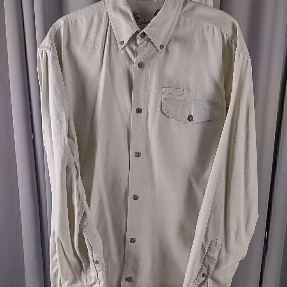 Keeler Bay Mens 100% Cotton Long Sleeve Button Down Beige Shirt Size Medium